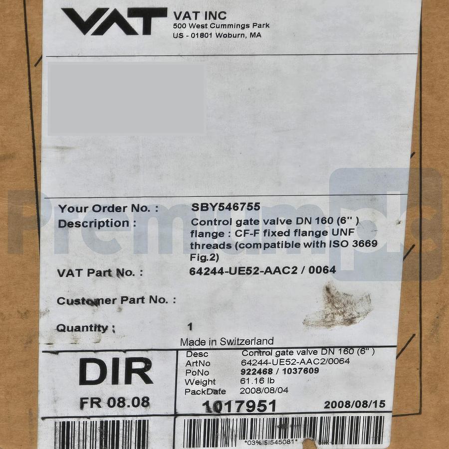 Used VAT 64244-UE52-AAC2/0064 HV Control Gate Valve w/Actuator DN160 6" CF-F UNF NSMP