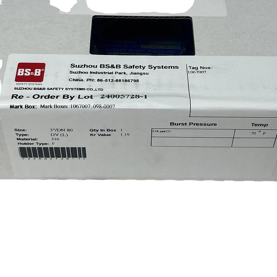 BS&B 3" DV (L) Rupture Disk 118 psi(G) 316 Stainless Steel Teflon 1067007 NEW