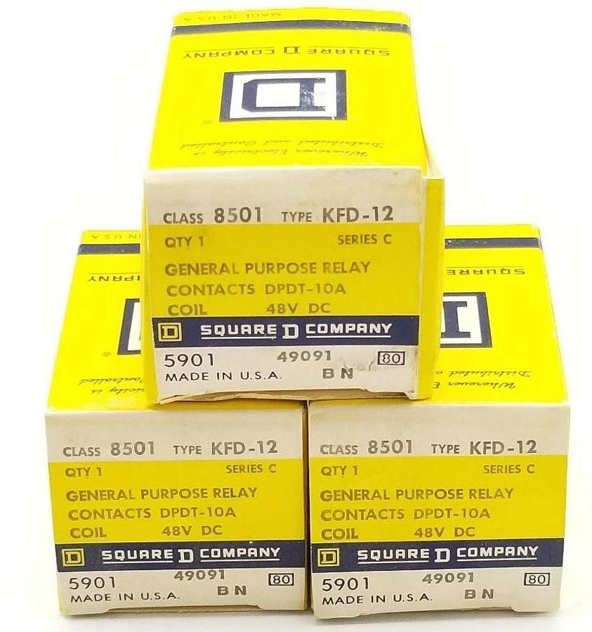 LOT OF 3 NIB SQUARE D 8501-KFD-12 RELAYS 48VDC, 2PDT, DPDT-10A, SER C, 8501KFD12