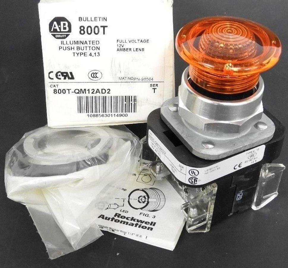 Used NEW ALLEN BRADLEY 800T-QM12AD2 ILLUMINATED PUSH BUTTON SER. T AMBER LENS 12V