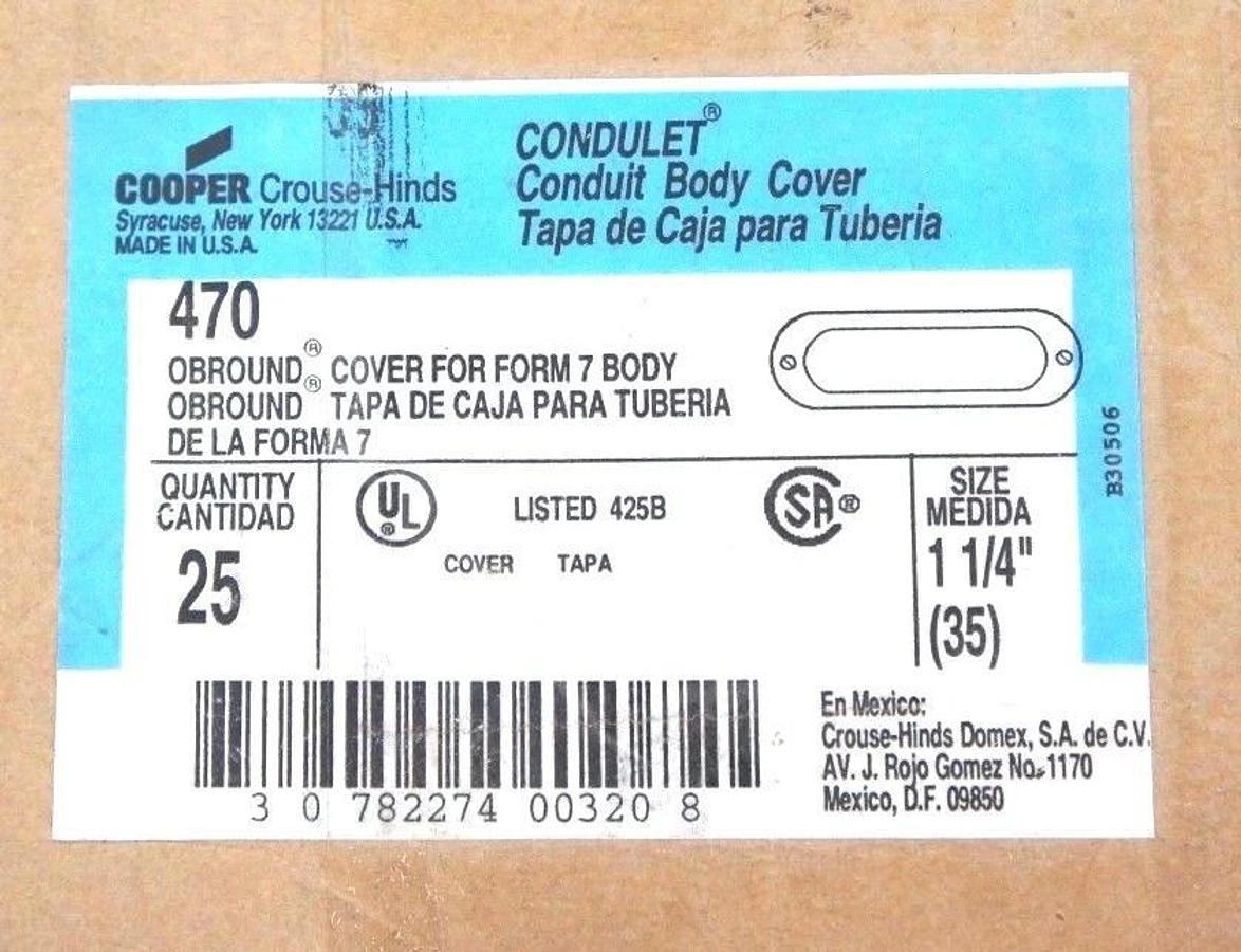 BOX OF 25 NEW COOPER CROUSE HINDS 470 OBROUND COVERS FOR FORM 7 BODY 1-1/4"