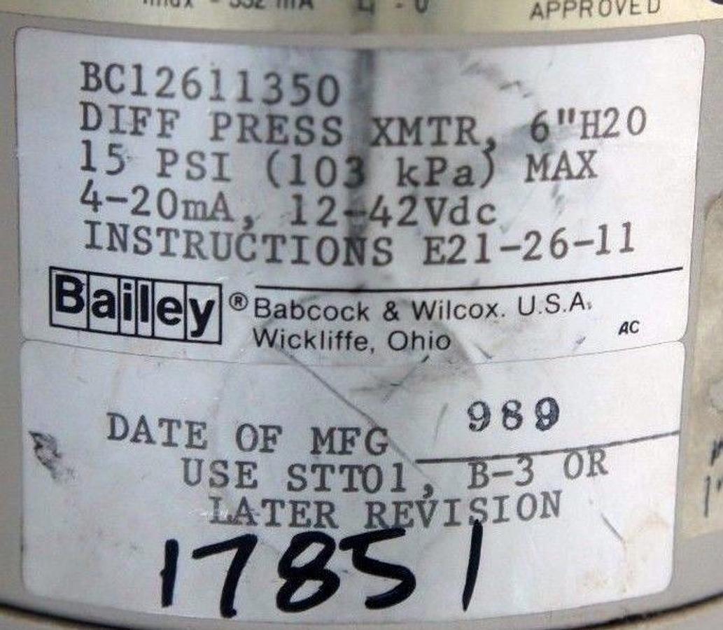 Used BAILEY BC12611350 DIFF PRESSURE TRANSMITTER 6"H2O W/ 25710006IWG TRANSDUCER 9/39