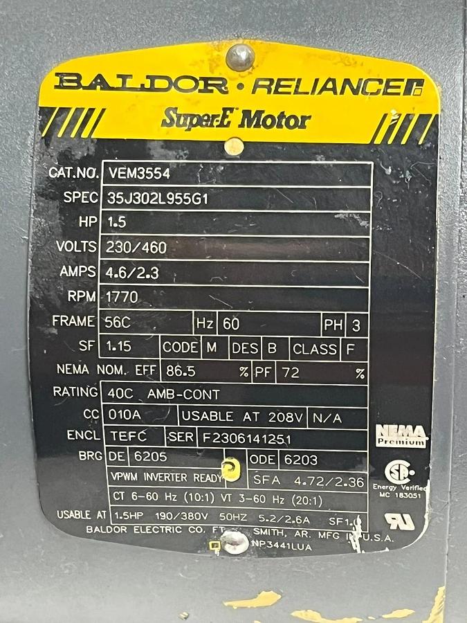 Used Baldor Reliance VEM3554 Super-E Motor 1.5HP 1770RPM 56C TEFC 3-Phase AC C-Face