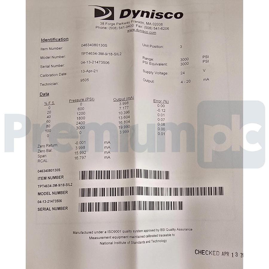 Dynisco TPT4634-3M-9/18-SIL2 Melt Pressure & Temperature Transmitter 4-20mA NSMP