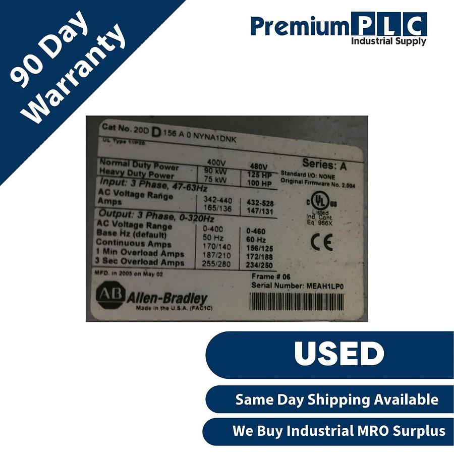 Used USED ALLEN BRADLEY 20DD156A0NYNA1DNK /A PowerFlex 700S AC DRIVE 125HP 480V READ