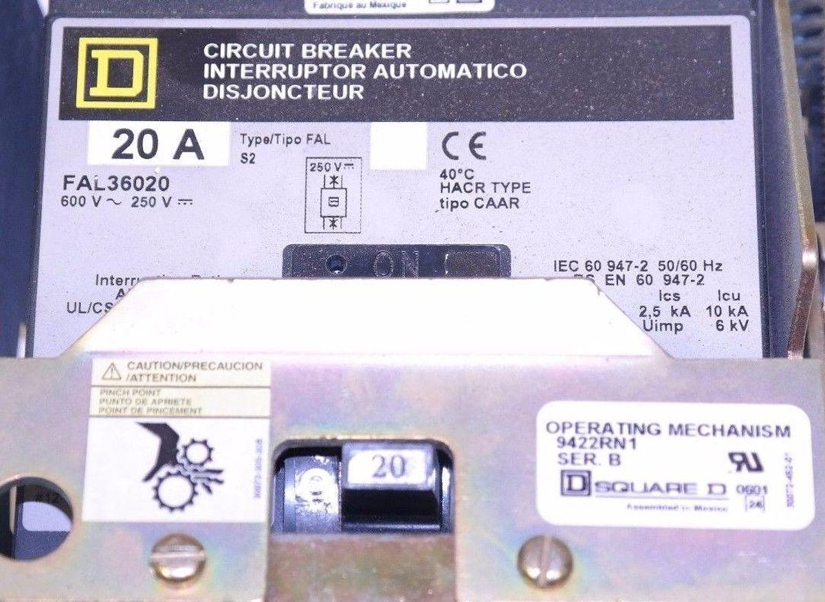 Used SQUARE D FAL36020 CIRCUIT BREAKER 20A 600V W/ 9422RN1 OPERATING MECHANISM SER. B