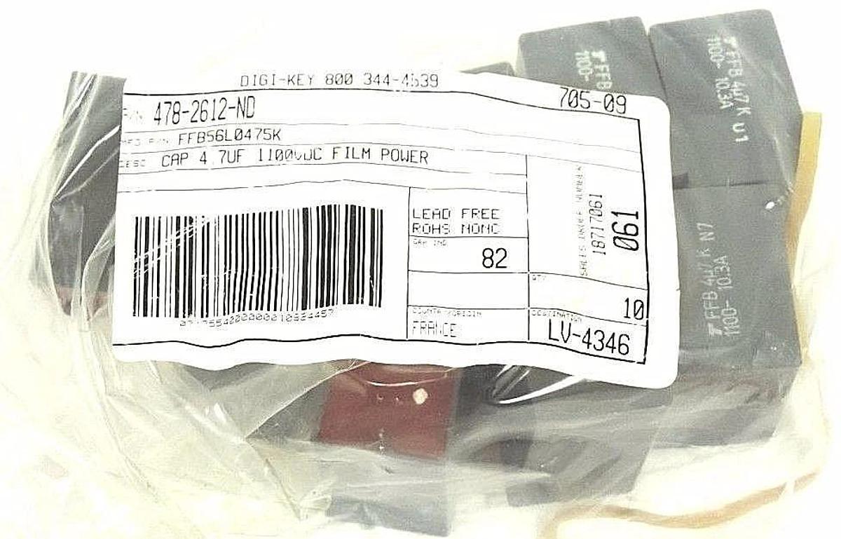 LOT OF 8 NEW DIGI-KEY 478-2612-ND CAPACITORS MFG P/N: FFB56L0475K, 4.7UF 1100VDC