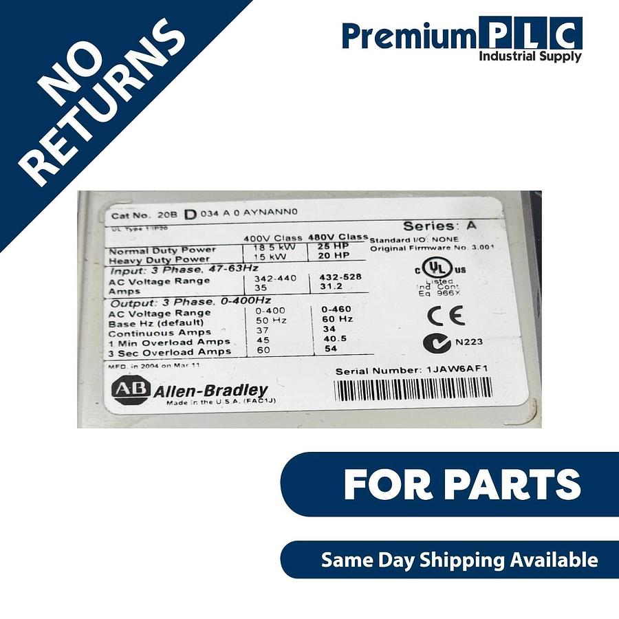 Used ALLEN BRADLEY 20BD034A0AYNANN0 /A POWERFLEX 700 AC DRIVE 25HP W/ 20-COMM-R /A