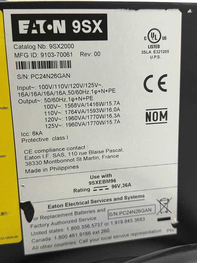 Used EATON 9SX 9SX2000 TOWER ONLINE DOUBLE-CONVERSION UPS 9103-70061 REV. 00