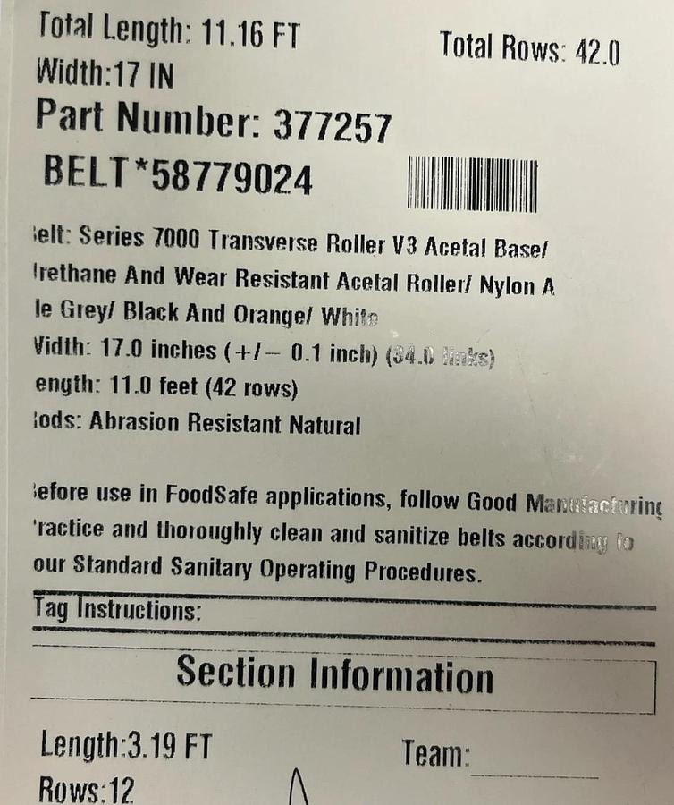 Intralox 7000 Series Transverse Roller V3 Belt 17"W x 11' L (42 Rows) 377257 NEW