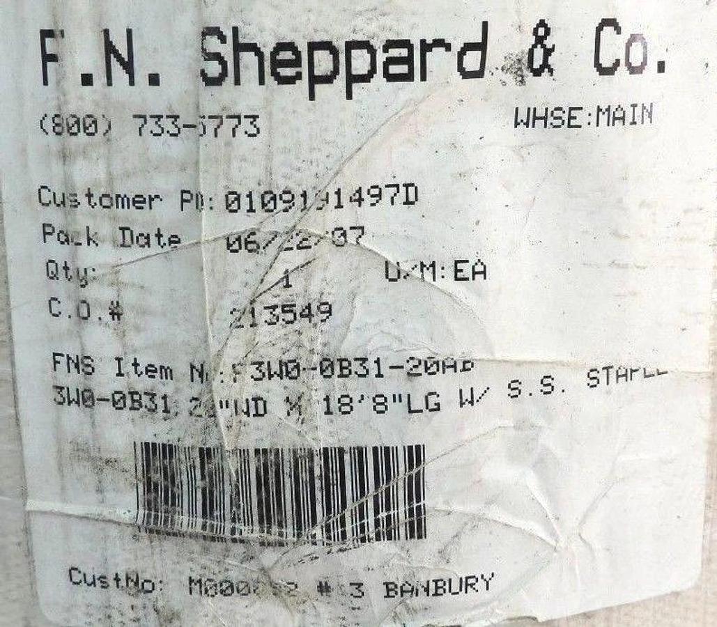 NEW F.N. SHEPPARD F3W0-0B31-20AB CONVEYOR BELT 22" W. X 18' 8" L W/ S.S STAPLES