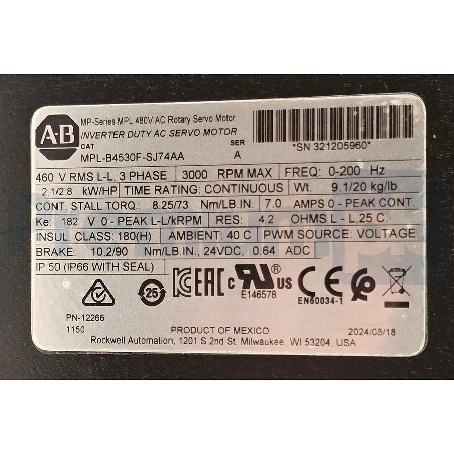 Used ALLEN BRADLEY MPL-B4530F-SJ74AA /A Kinetix MPL AC SERVO MOTOR 460V w/BRAKE NSMP