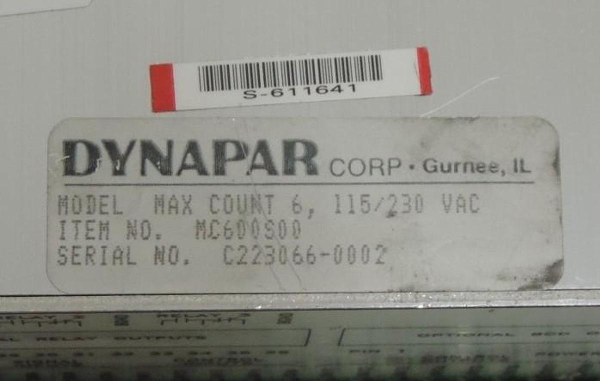 Used REPAIRED DYNAPAR MC600S00 COUNTER CONTROLLER MAX COUNT 6, 115/230VAC, MC600S-00