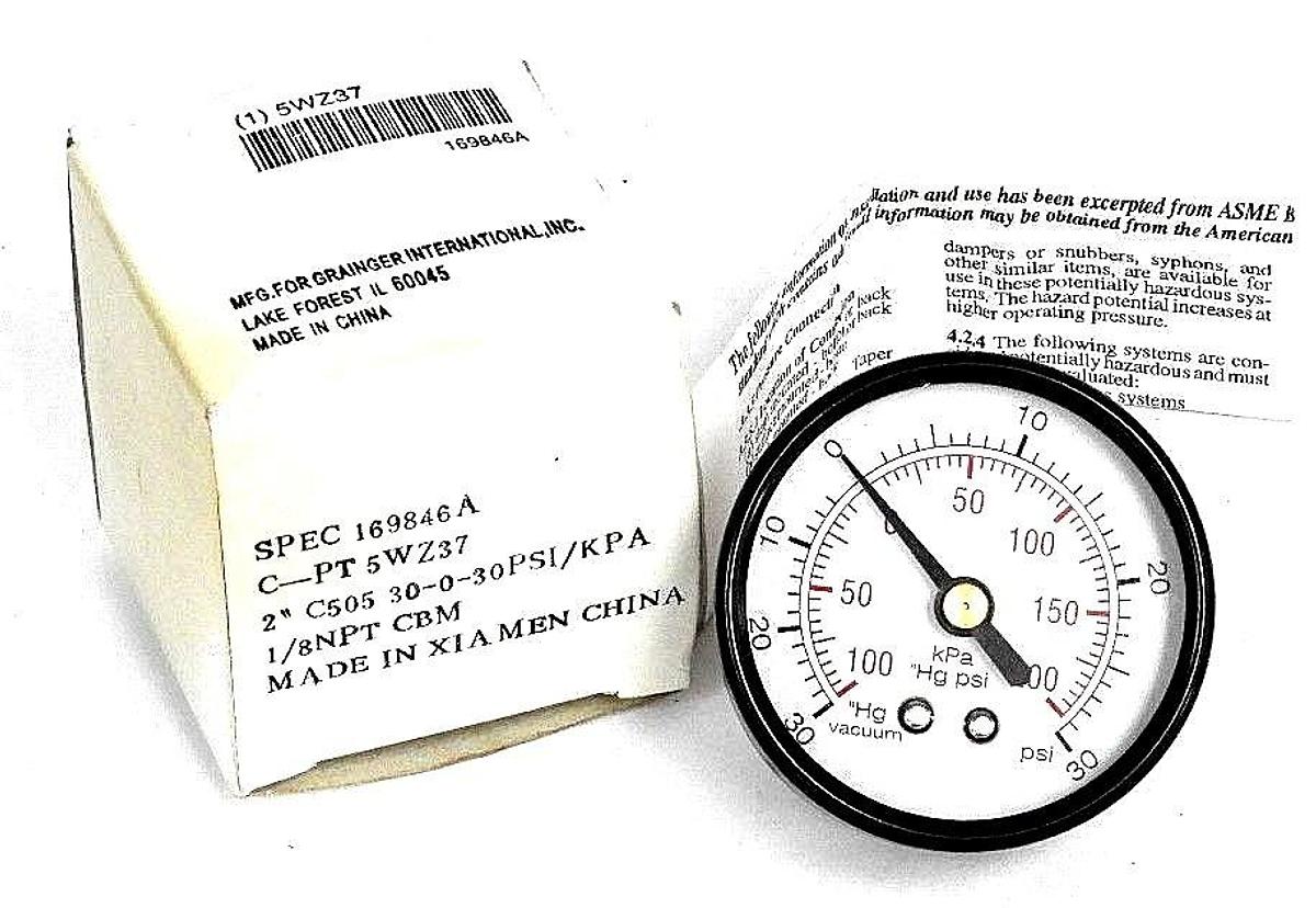 Used NIB GRAINGER C-PT5WZ37 PRESSURE GAUGE 2" 30-0-30 PSI/KPA, CPT5WZ37