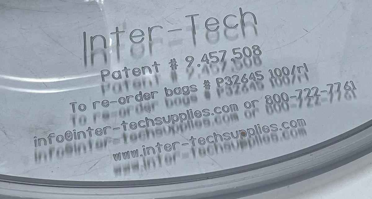 Used Inter-Tech 18-3/4" Vacuum Trim Receiver Lid Polycarbonate w/ (2) 2" SS 90° Elbow
