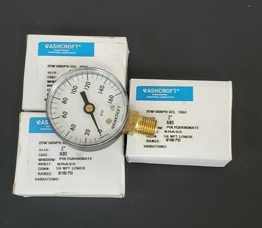 Used LOT OF 3 NIB ASHCROFT 20W1005PH 02L 160# PRESSURE GAUGES, 2", 0-160PSI, 1/4" NPT