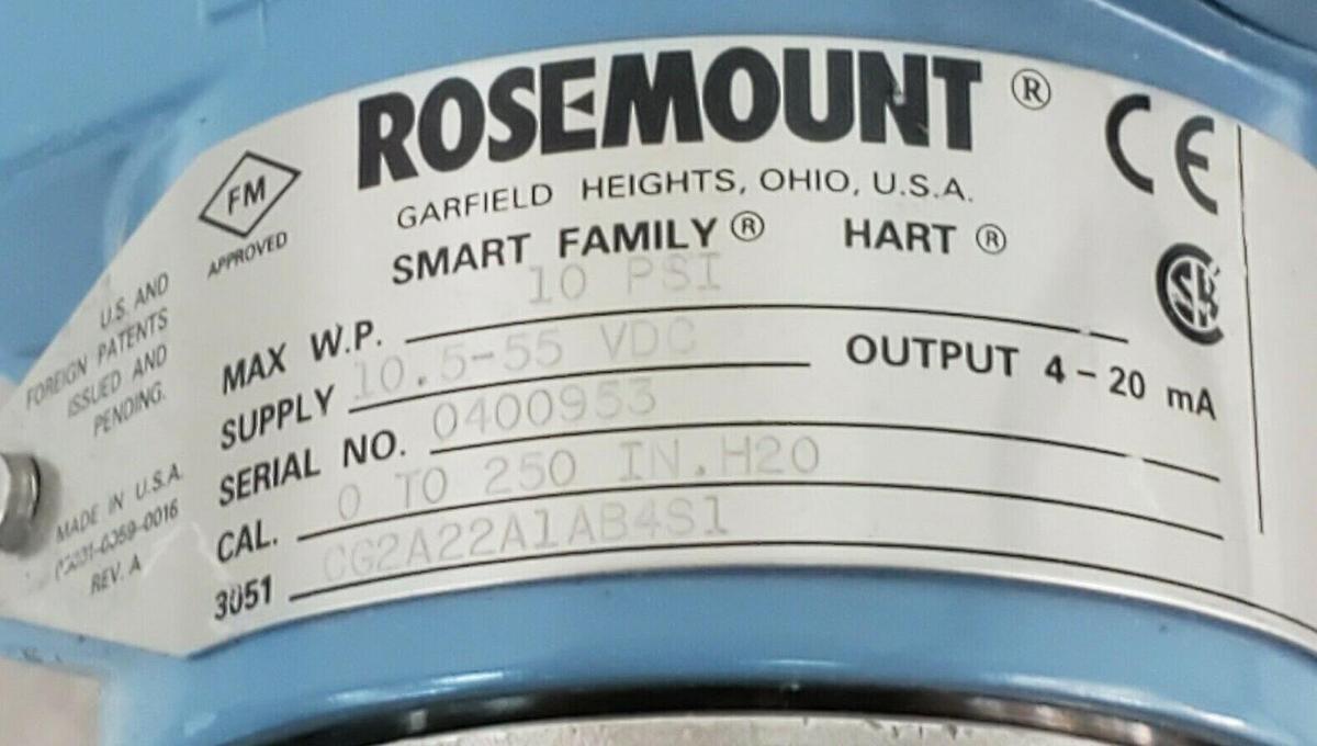 Used ROSEMOUNT 3051CG2A22A1AB4S1 PRESSURE TRANSMITTER W/ SEAL BASE MODULE AND SENSOR