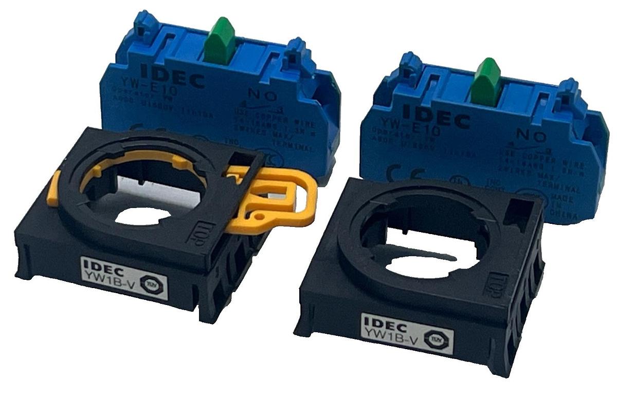 Used (2) IDEC YW-E10 Contact Blocks 1NO, W/ (2) YW-1B-V Selector Switch operator head