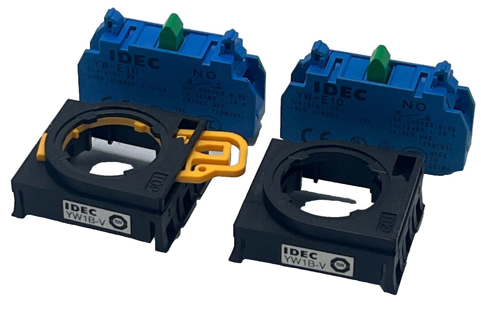 Used (2) IDEC YW-E10 Contact Blocks 1NO, W/ (2) YW-1B-V Selector Switch operator head