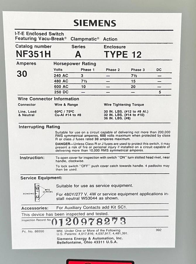 NEW SIEMENS ITE NF351H /A Vacu-Break SWITCH W/ Clampmatic CONTACTS 30A 600VAC