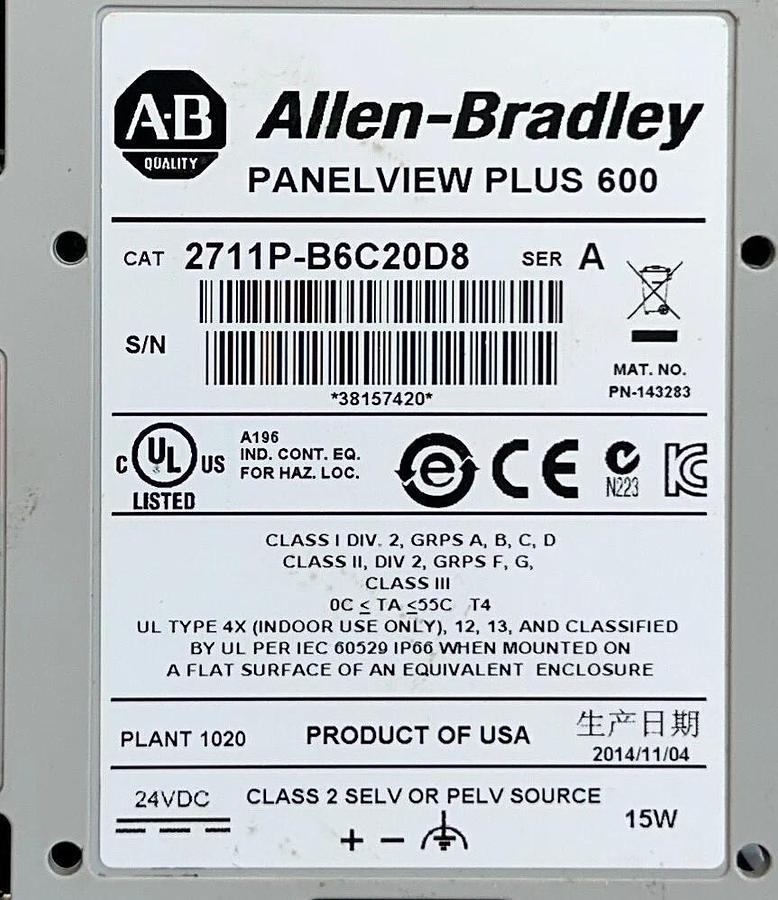 Used ALLEN BRADLEY 2711P-B6C20D8 /A PanelView Plus 600 KEY/TOUCH EtherNet 24VDC USNP
