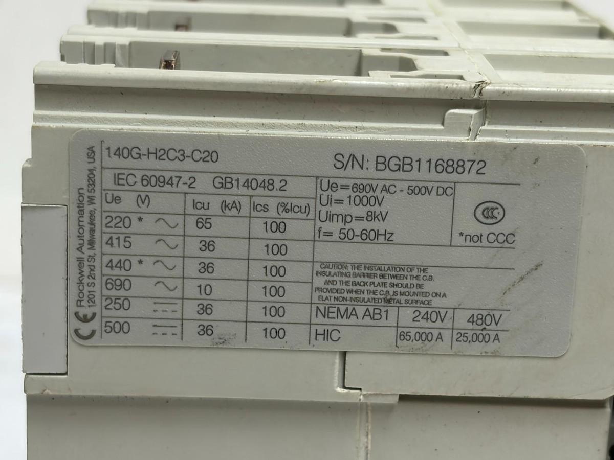 Used Allen-Bradley 140G-H2C3-C20 Molded Case Circuit Breaker 3 Pole 20A New Surplus