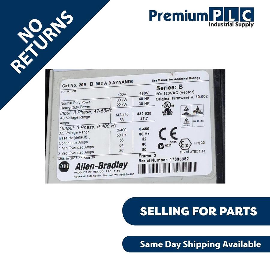 Used ALLEN BRADLEY 20BD052A0AYNAND0 /B POWERFLEX 700 AC DRIVE 40HP F/W V 10.002 820919021299