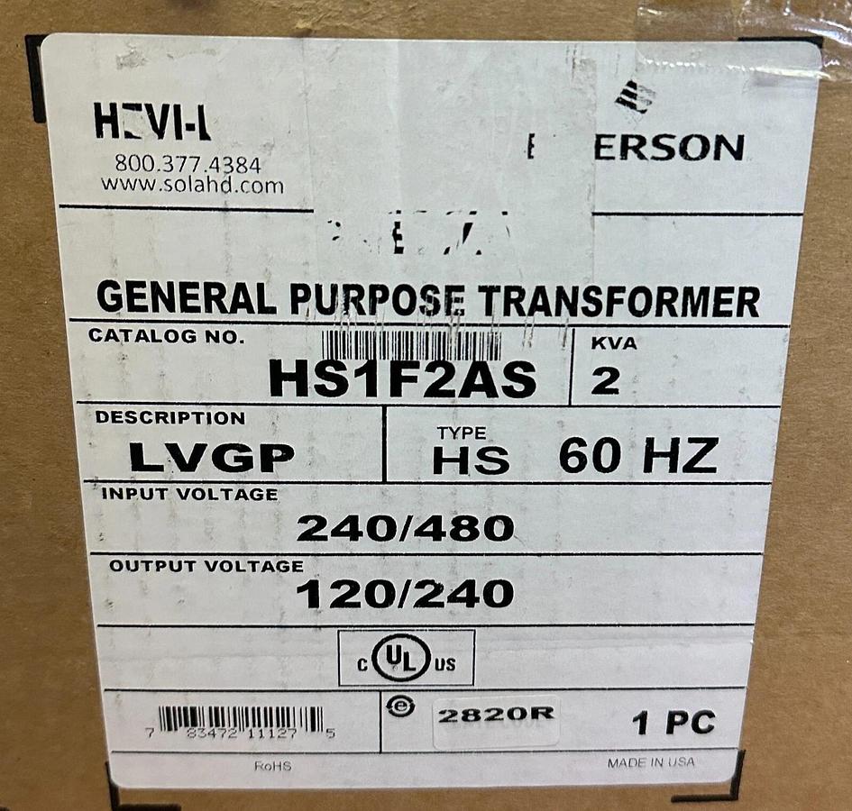 NEW EMERSON HS1F2AS GENERAL PURPOSE TRANSFORMER 2KVA LVGP 240/480V 60Hz HS