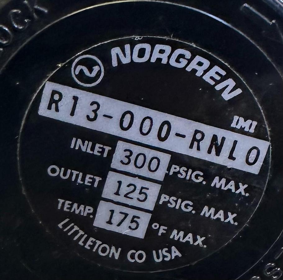 Used NEW NORGREN R13-000-RNL0 / R13000RNL0 REGULATOR 300PSIG IN 125PSIG OUT 175 DEG
