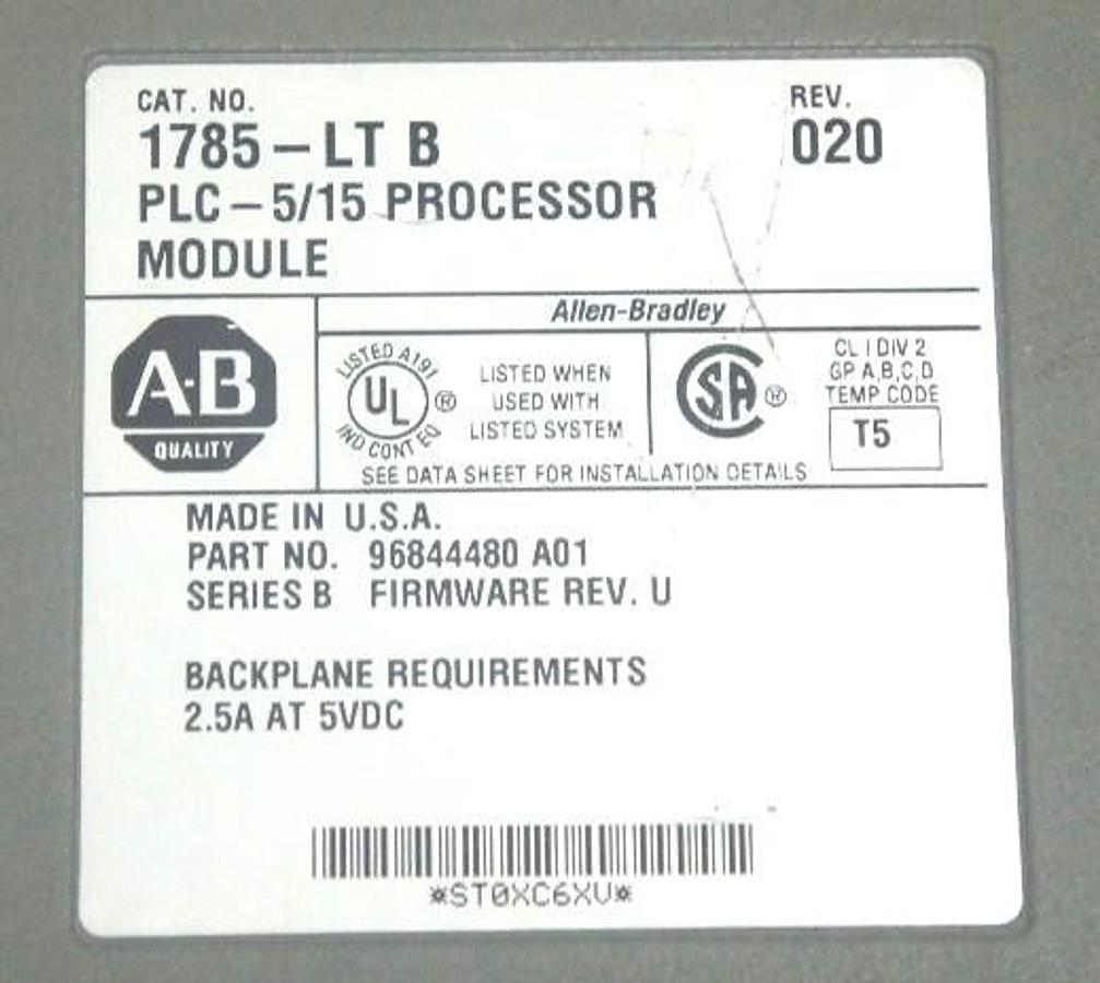 Used ALLEN BRADLEY 1785-LT/B PLC-5/15 PROCESSOR MODULE 1785LT SER. B REV. 020