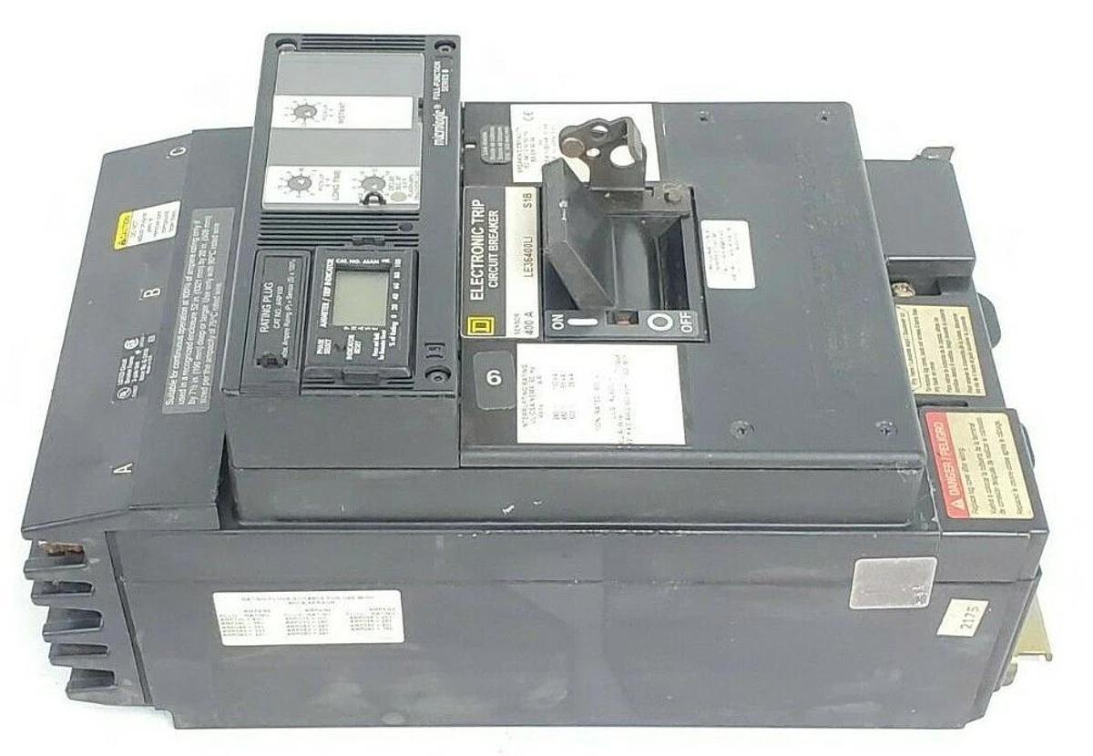 Used SQUARE D LE36400LI MOLDED CASE CIRCUIT BREAKER 600V, 400A W/ TRIP ARP100 PLUG KI