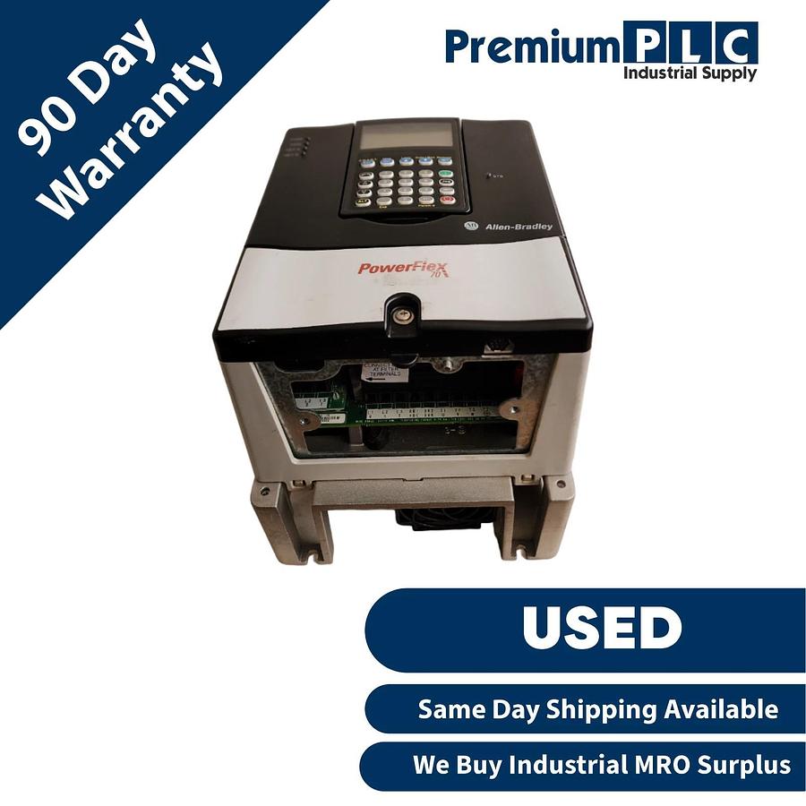 Used ALLEN BRADLEY 20AD8P0A3AYNANC0 /A POWERFLEX 70 AC DRIVE 8A 5HP 480V FRN. 5.001