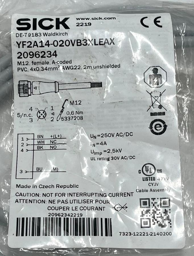 LOT OF 2 SICK YF2A14-020VB3XLEAX M12 to M12 Interconnect Cable 4-Pin 2m IP68