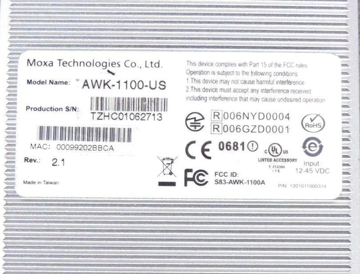 NEW MOXA TECHNOLOGIES AWK-1100-US WIRELESS ACCESS POINT REV. 2.1, AWK1100US