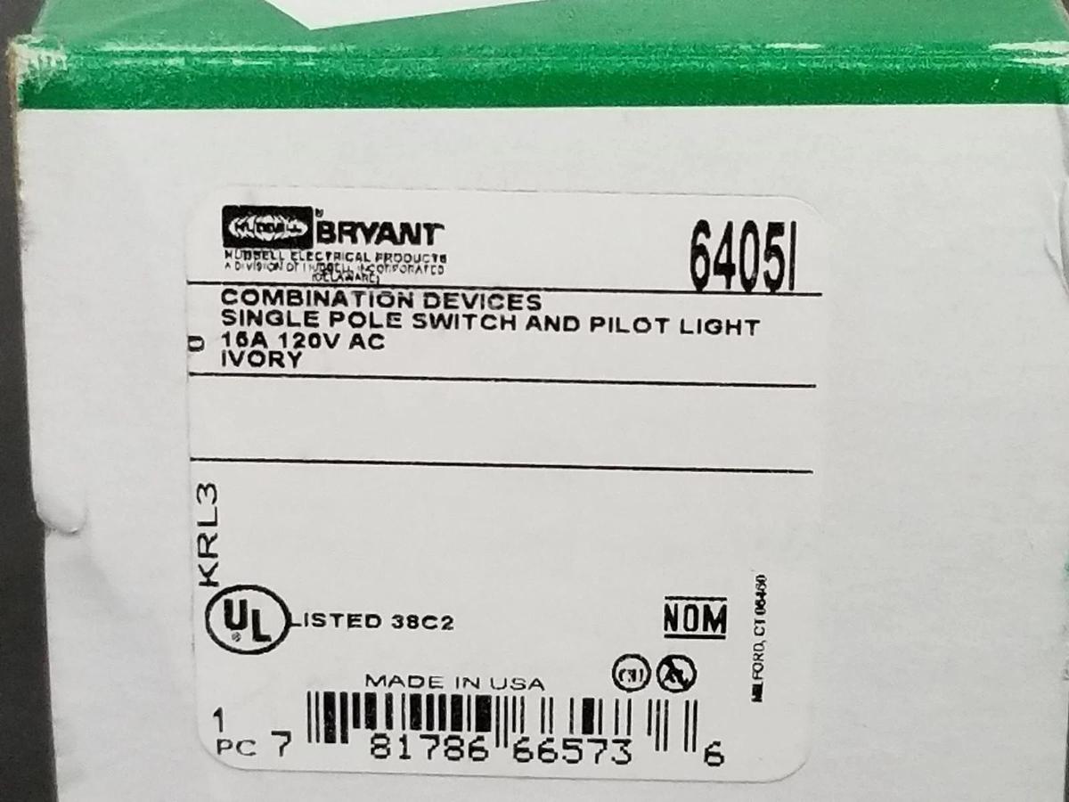 Used NIB HUBBELL 6405I SINGLE POLE SWITCH AND PILOT COMBINATION RECEPTACLE, 15A, 120V
