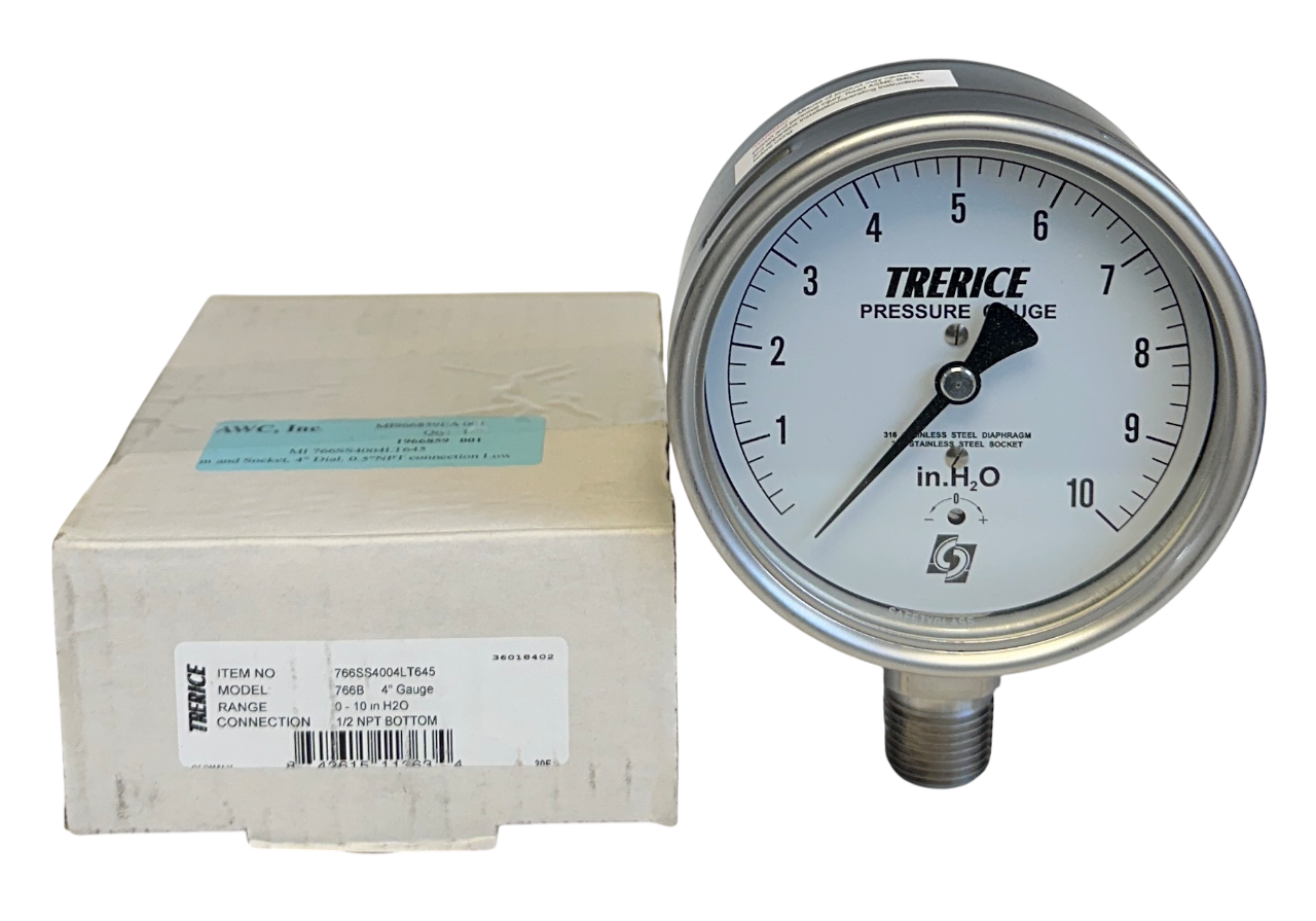 Used TRERICE 766SS4004LT645 / 766B PRESSURE GAUGE 0-10'' H2O 4'' GAUGE 1/2''NPT NSMP
