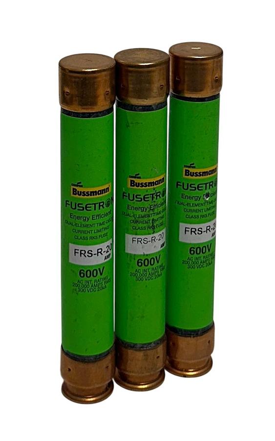 Used 3 BUSSMANN FRS-R-20 / FRSR20 FUSETRON DUAL-ELEMENT FUSES 600V 20A RK5 NSNP