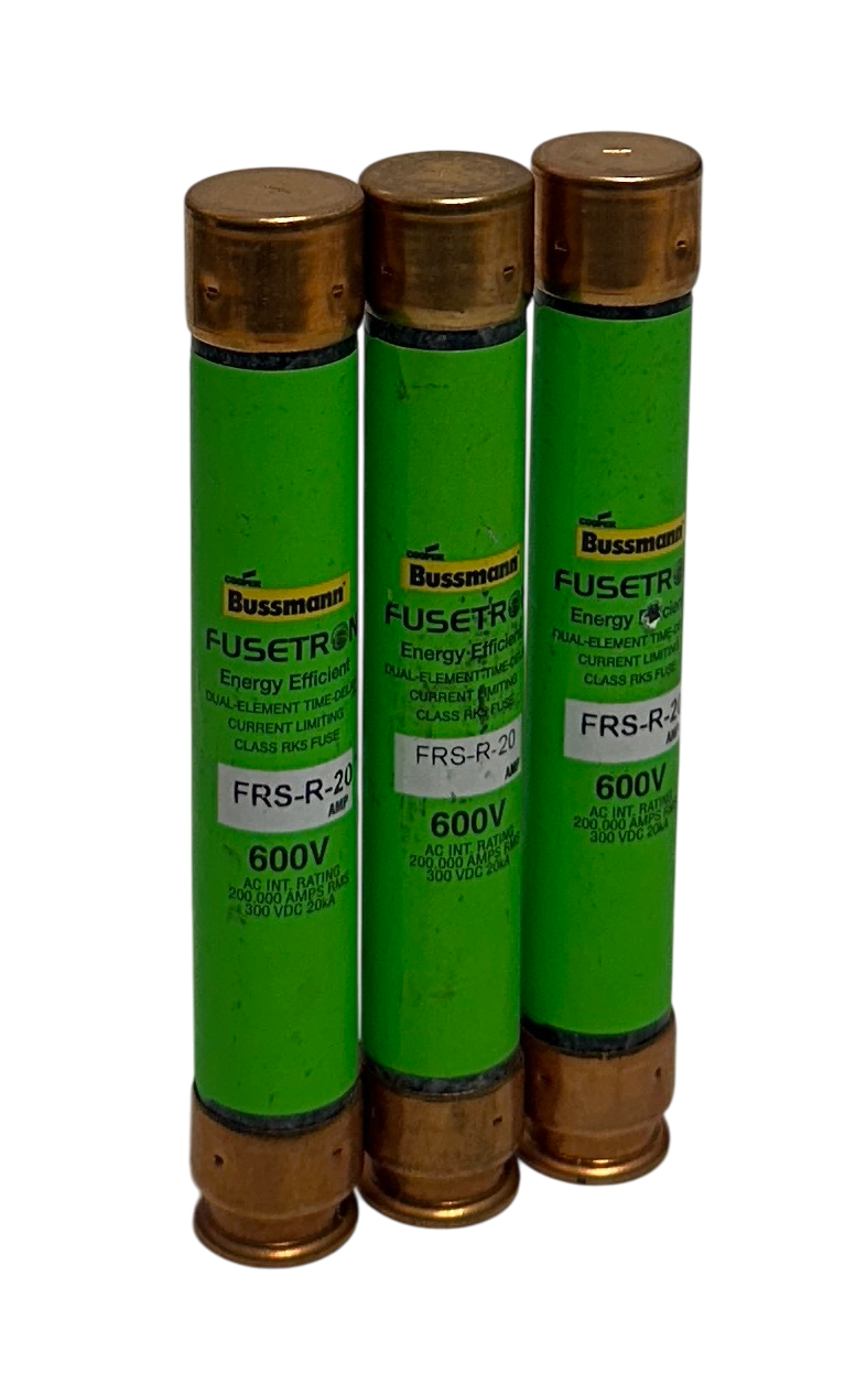 Used 3 BUSSMANN FRS-R-20 / FRSR20 FUSETRON DUAL-ELEMENT FUSES 600V 20A RK5 NSNP