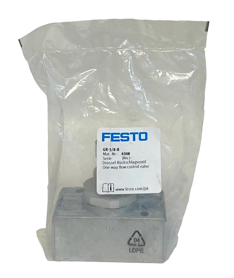 Used NEW SEALED FESTO GR-3/8-B / 6308 ONE-WAY FLOW CONTROL VALVE 10BAR 145PSI NSFS