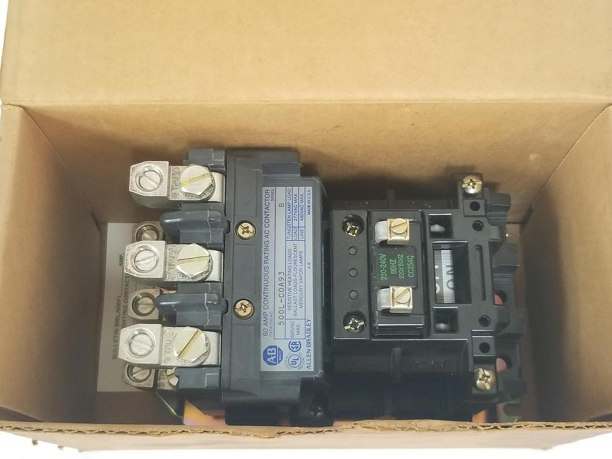 Used NIB ALLEN BRADLEY 500L-COA93 AC LIGHTING CONTACTOR 3P, 60A, SER B, 500LCOA93