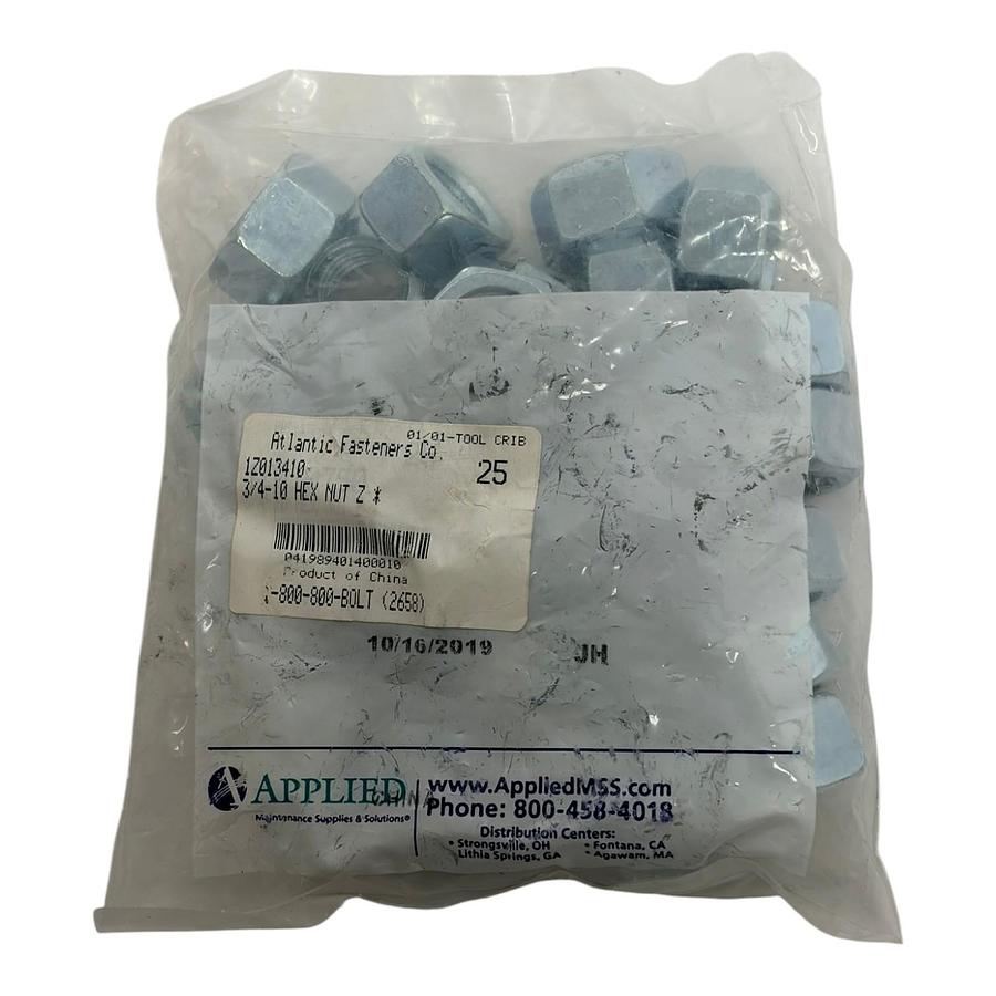 Atlantic Fasteners 3/4-10 Hex Nut Zinc Plated Sealed Pack of 25 Fasteners