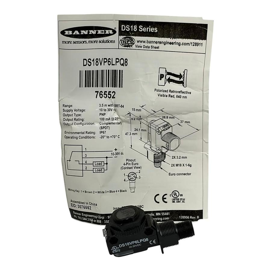 Banner Engineering DS18VP6LPQ8 Polarized Retroreflective Sensor New