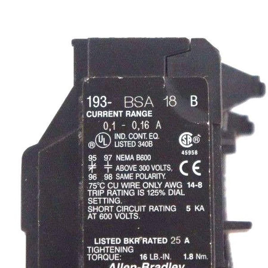 Used ALLEN BRADLEY 193-BSA18 OVERLOAD RELAY SER. B, 0.1-0.16 A, 193BSA18