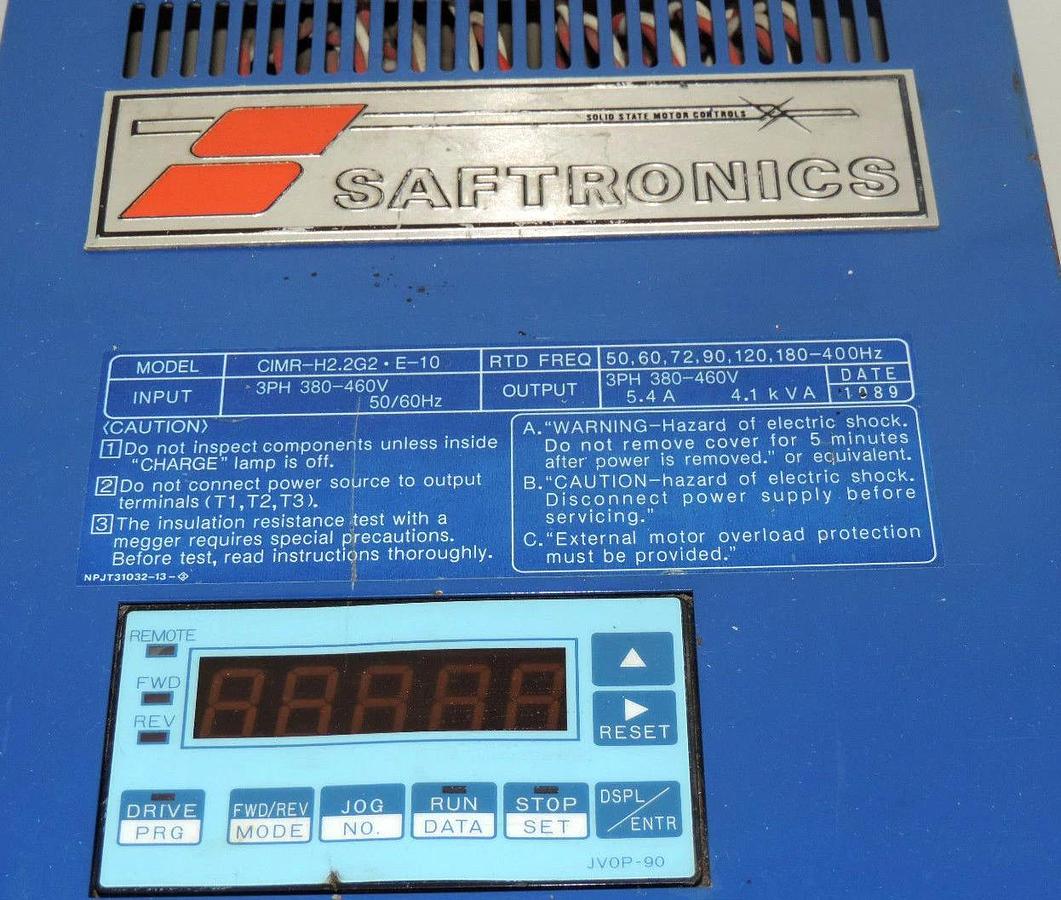 Used SAFETRONICS CIMR-H2.2G2-E-10 DRIVE 460V MFR. CODE E480861, CIMRH22G2E10