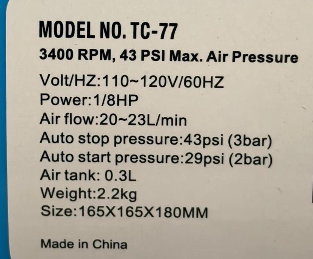 TC-77 Mini Airbrush Air Compressor 1/8 HP 43 PSI Oilless Paint Pump with Tank