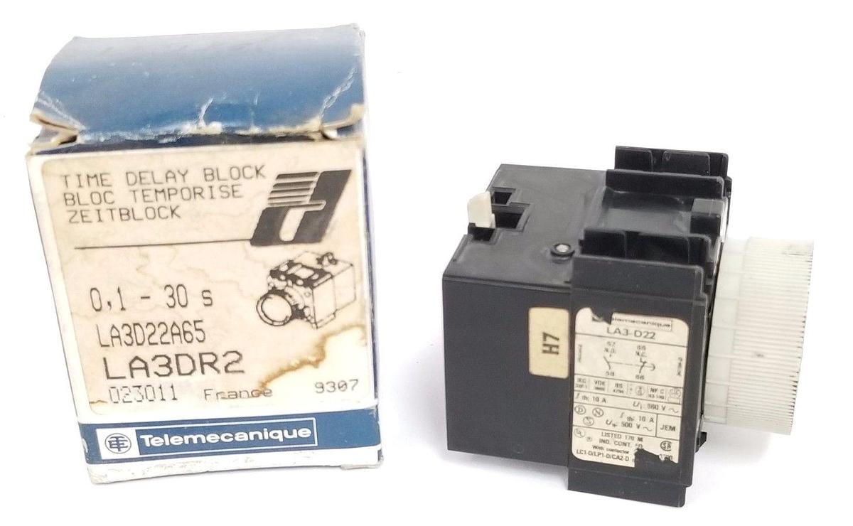 Used TELEMECANIQUE LA3D22A65 TIME DELAY BLOCK 10AMP .1-30SEC 500VAC 1NO/1NC, LA3DR2