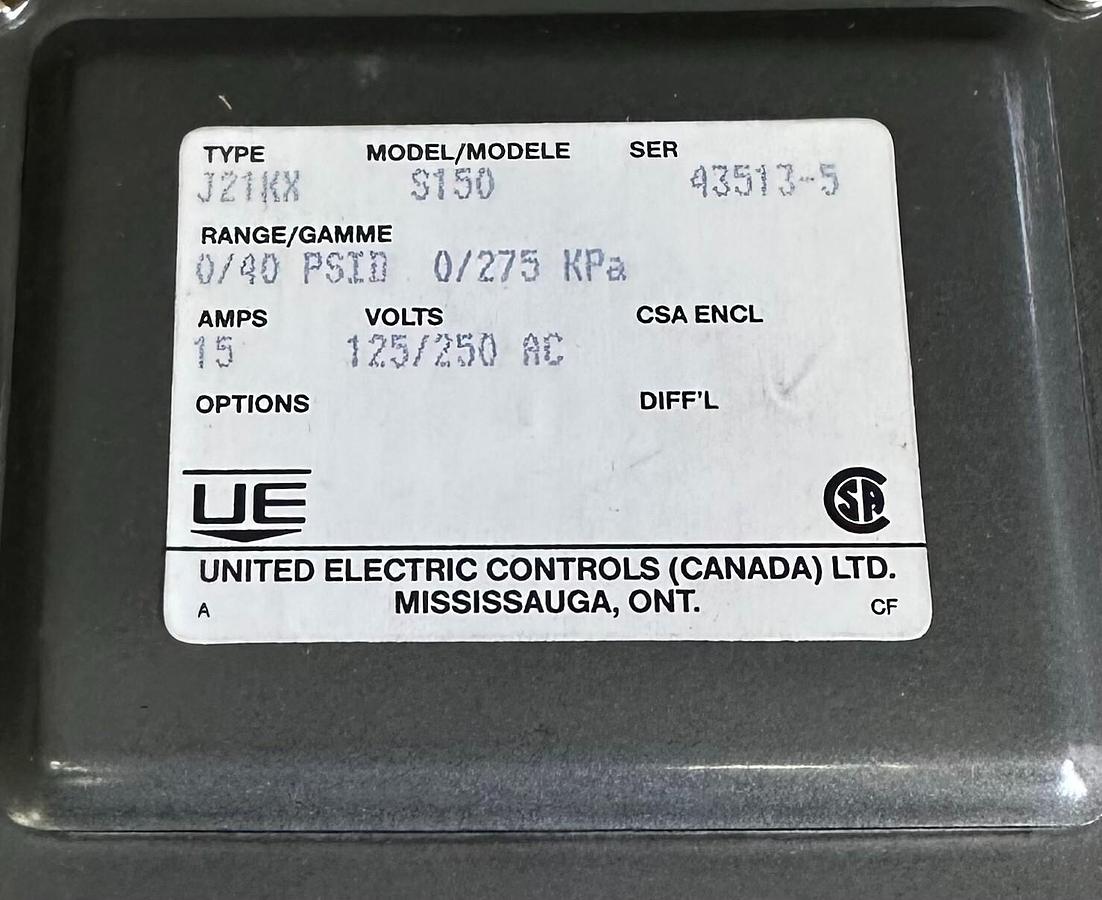 Used NEW UNITED ELECTRIC J21KX-S150 / J21KXS150 PRESSURE SWITCH J21KX 15A 125/250Vac