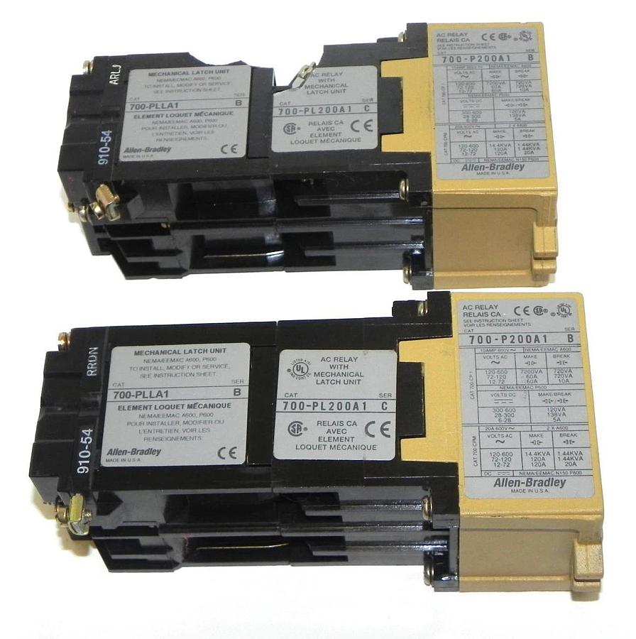 Used 2 ALLEN BRADLEY 700-PLLA1 LATCH W/ 700-PL200A1 CONTROL RELAY & 700-P200A1 RELAY