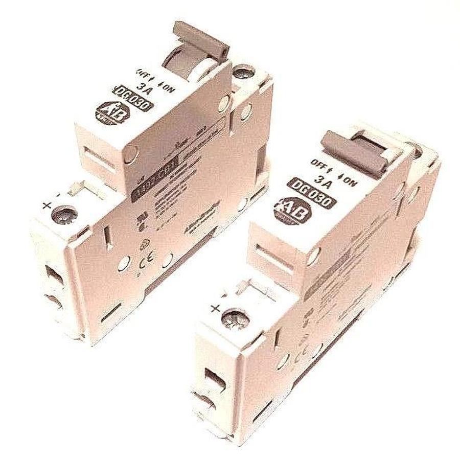 Used LOT OF 2 ALLEN BRADLEY 1492-CB1-DG030 CIRCUIT BREAKERS 3A, SER. B, 1492CB1DG0