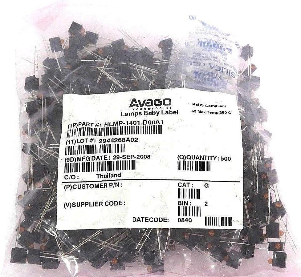 BAG OF 500 NEW AVAGO HLMP-1401-D00A1 LED, T-1, YELLOW, 3.6MCD, 585NM LAMPS